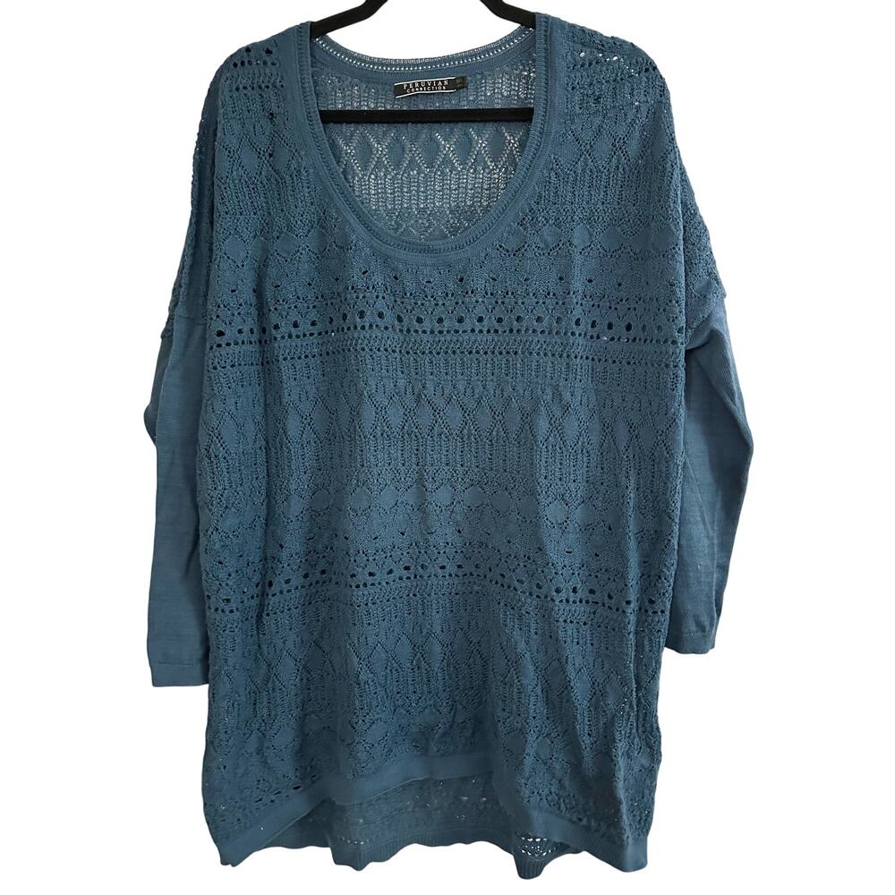 PERUVIAN CONNECTION Blue Baby Alpaca Wool Blend Open Knit Sweater - Sz M/L